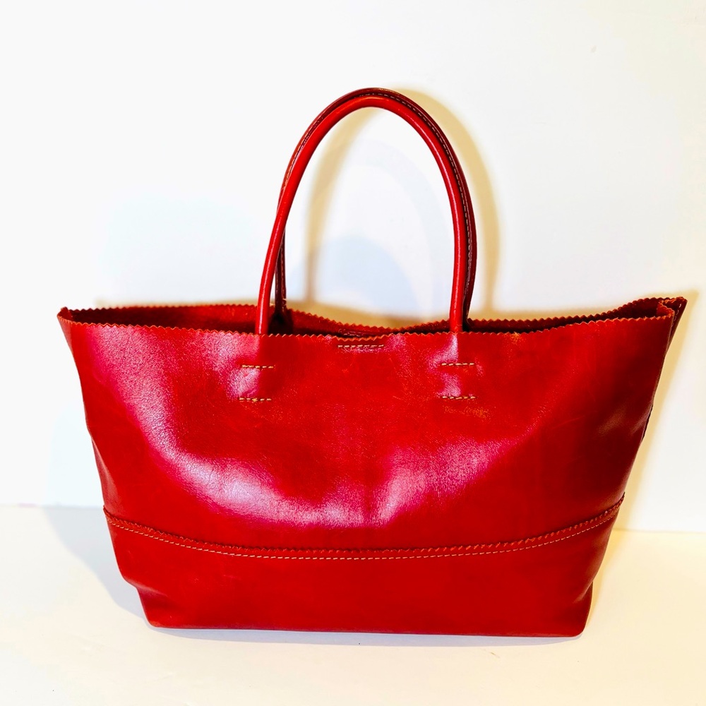Vintage Red Leather 2-Way Tote Magnetic Closure